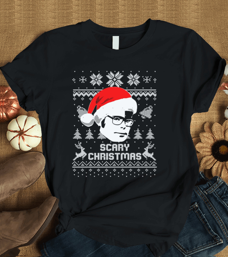 Stephen King Scary Christmas Ugly Sweater Santa Hat Reindeer Snowflakes T-Shirt