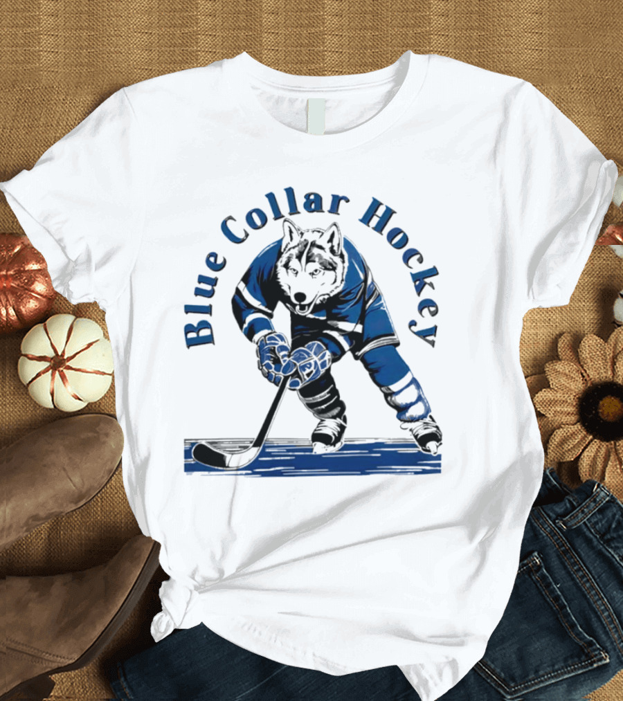Blue Collar Hockey Wolf Player In Action T-Shirt