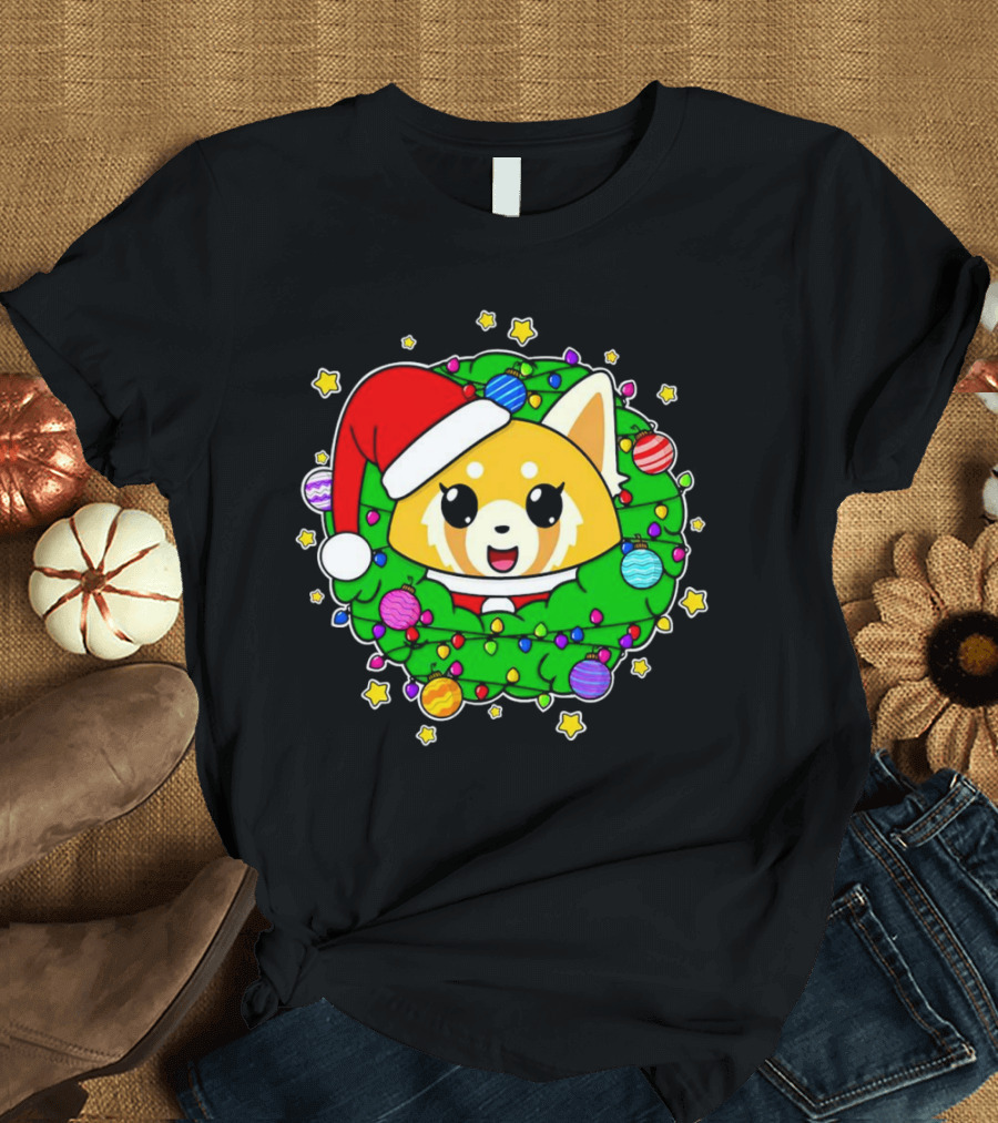 Aggressively Merry Christmas Kawaii Red Panda With Santa Hat In Holiday Wreath T-Shirt