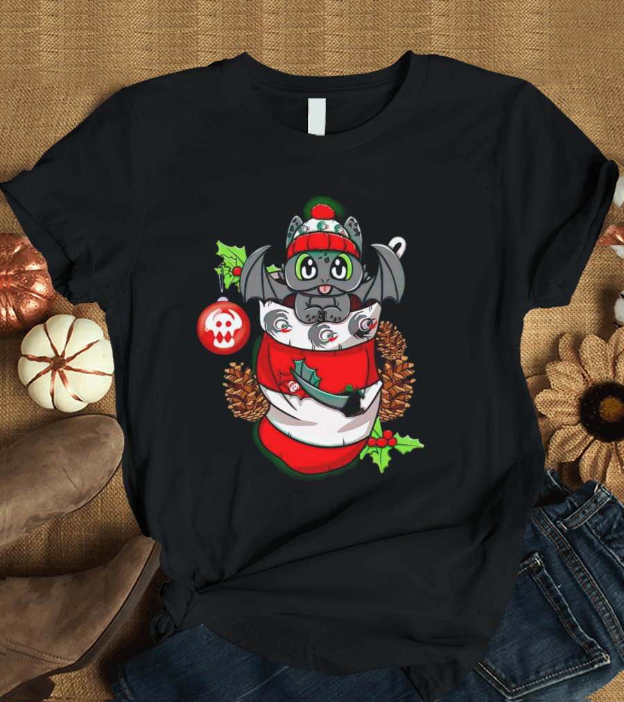 Baby Dragon Holiday Stocking With Skull Ornament And Pinecones T-Shirt