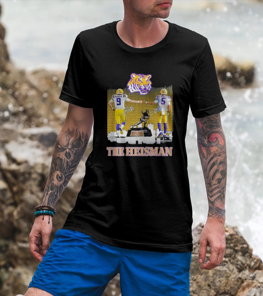 The Heisman LSU Tigers Burrow Daniels Tiger Head Football Trophy T-Shirt