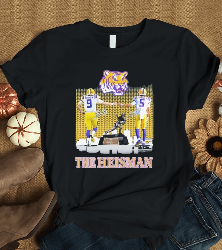 The Heisman LSU Tigers Burrow Daniels Tiger Head Football Trophy T-Shirt