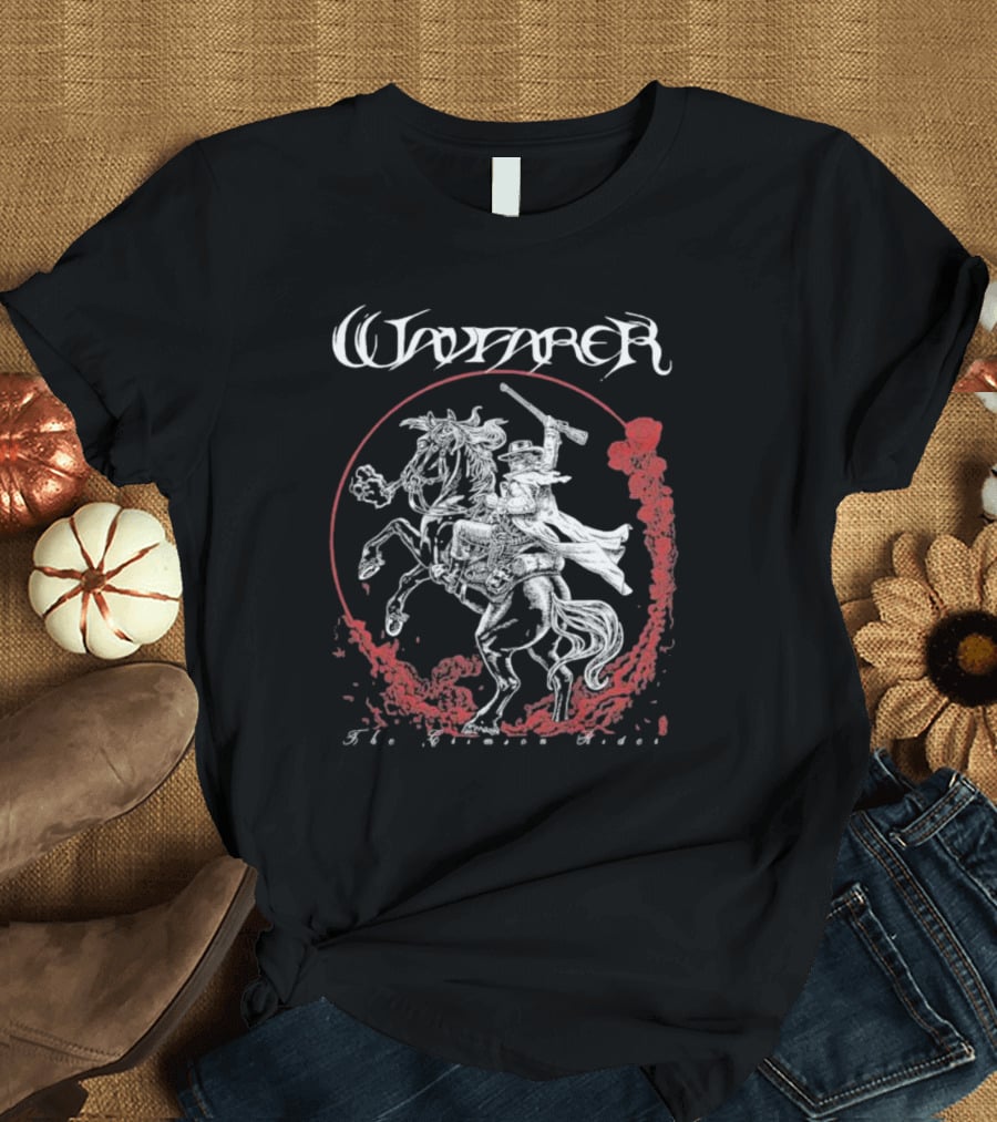 Wayfarer The Crimson Rider Vintage Western Hero On Horseback With Red Cloud Motif T-Shirt