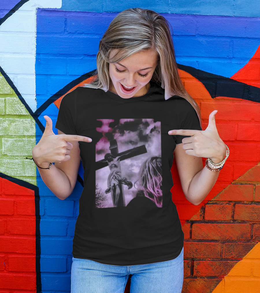 Zakk Wylde Jesus Crucifixion Image With Dark Sky And Blonde Hair Motif T-Shirt