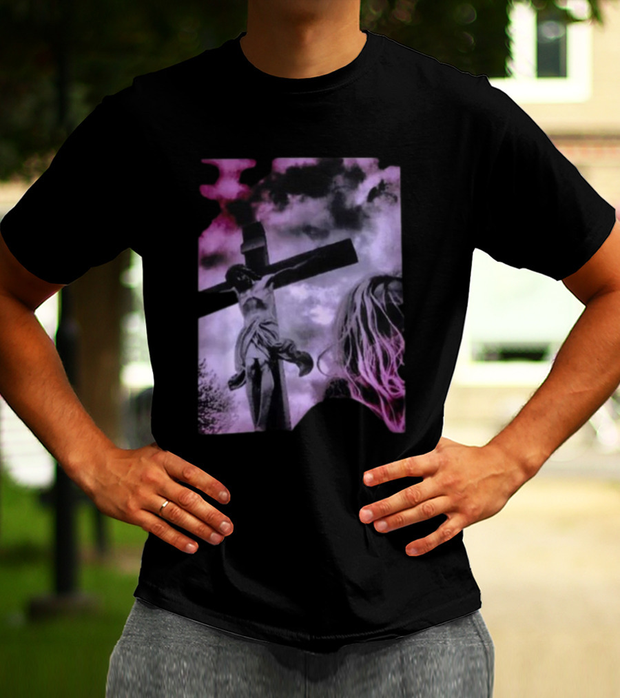Zakk Wylde Jesus Crucifixion Image With Dark Sky And Blonde Hair Motif T-Shirt