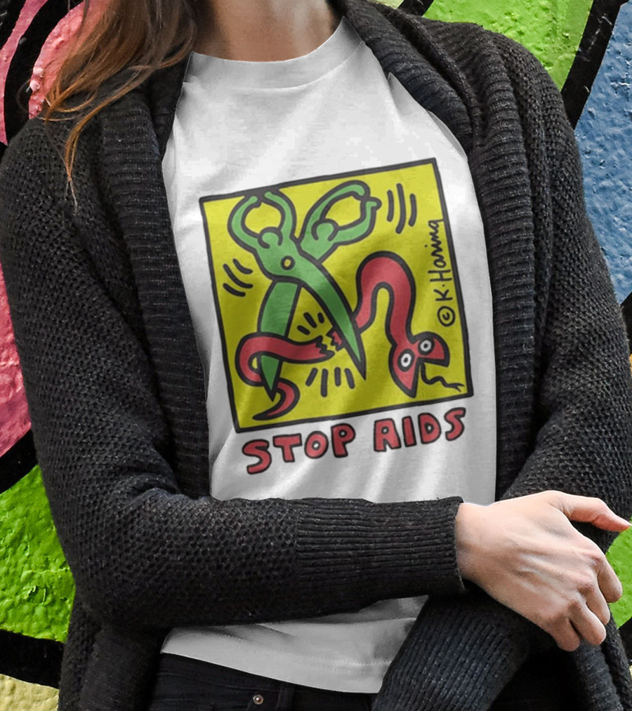 Keith Haring Stop Aids Scissors Cutting Snake T-Shirt