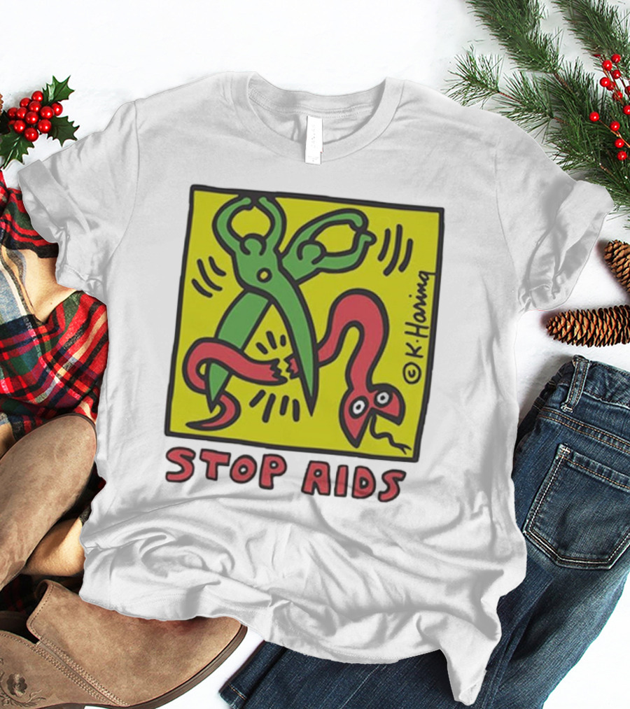Keith Haring Stop Aids Scissors Cutting Snake T-Shirt