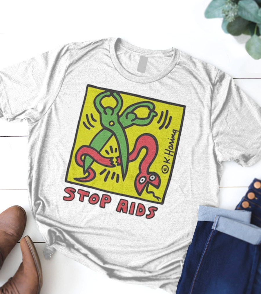 Keith Haring Stop Aids Scissors Cutting Snake T-Shirt