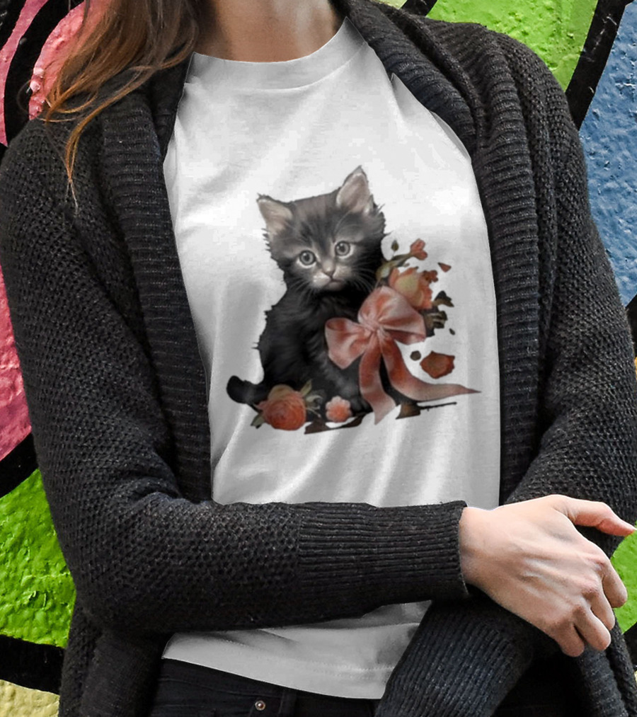 Kimchi And Miso Cute Cat With Bow And Flowers T-Shirt