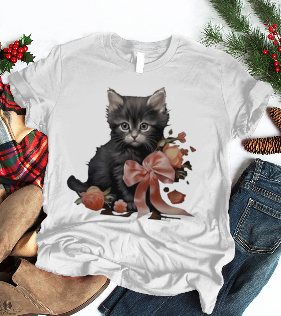 Kimchi And Miso Cute Cat With Bow And Flowers T-Shirt
