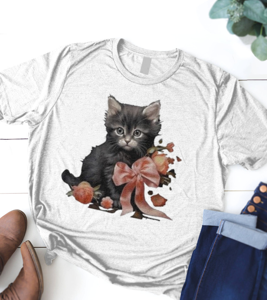 Kimchi And Miso Cute Cat With Bow And Flowers T-Shirt