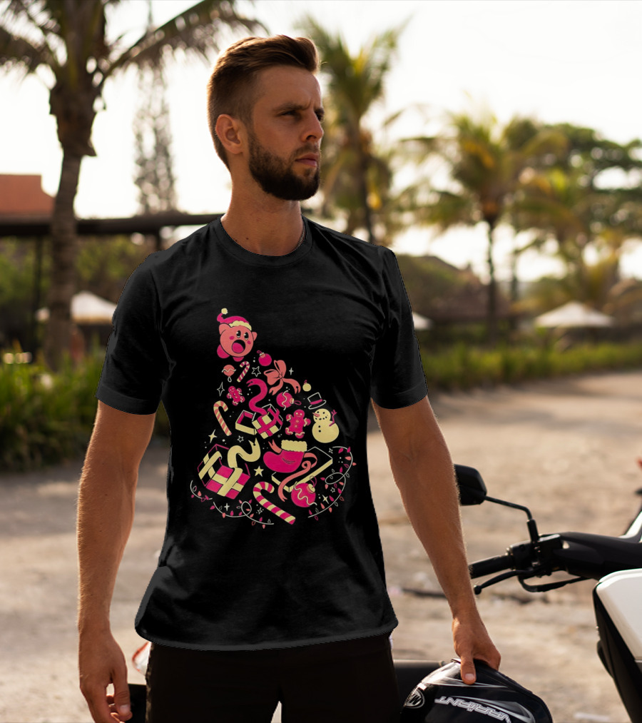 Kirby Christmas Santa Hat And Holiday Icons T-Shirt