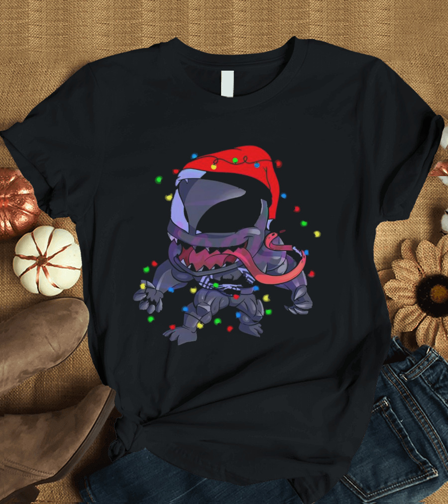 Venom Spiderman Marvel Christmas Lights Santa Hat T-Shirt