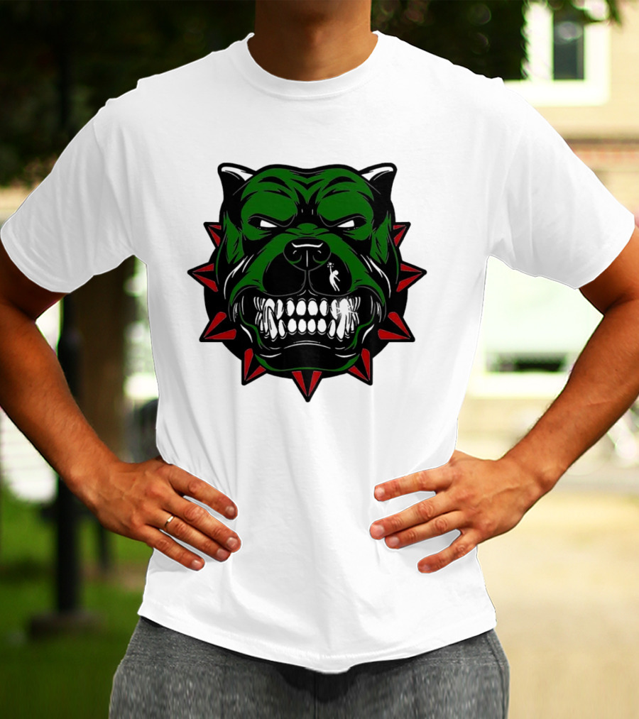 Angry Pitbull With Green Face And Red Spiked Collar Merry Christmas T-Shirt