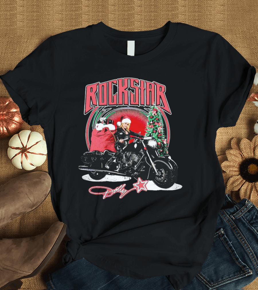 Rockstar Dolly Christmas Motorcycle Santa Holiday T-Shirt