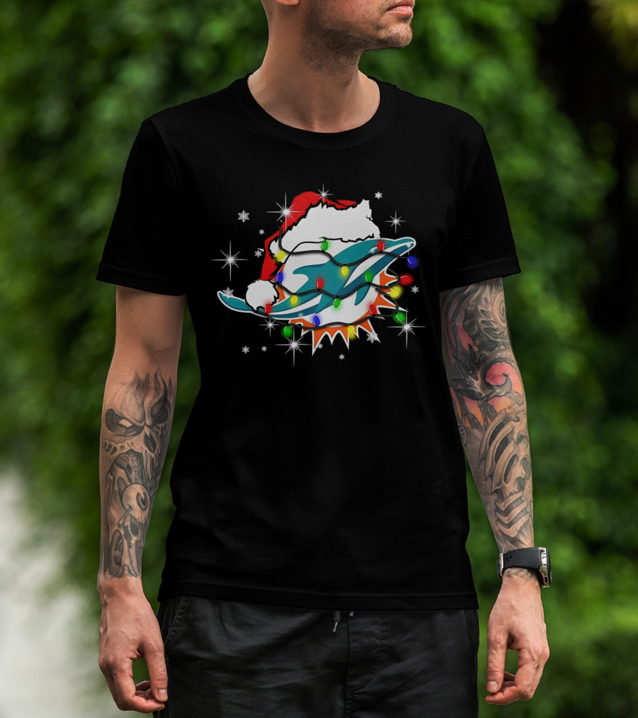 Miami Dolphins Santa Hat Christmas Lights Snowflakes T-Shirt