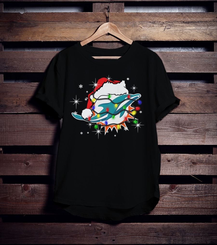 Miami Dolphins Santa Hat Christmas Lights Snowflakes T-Shirt