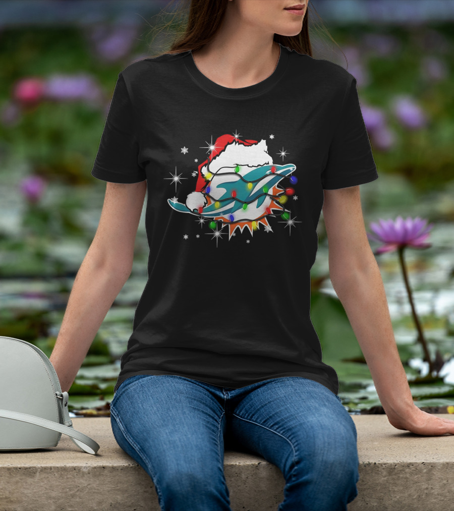 Miami Dolphins Santa Hat Christmas Lights Snowflakes T-Shirt