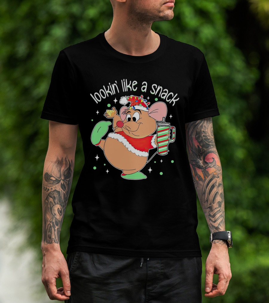 Lookin' Like A Snack Santa Mouse Holding Cheese And Peppermint Drink T-Shirt