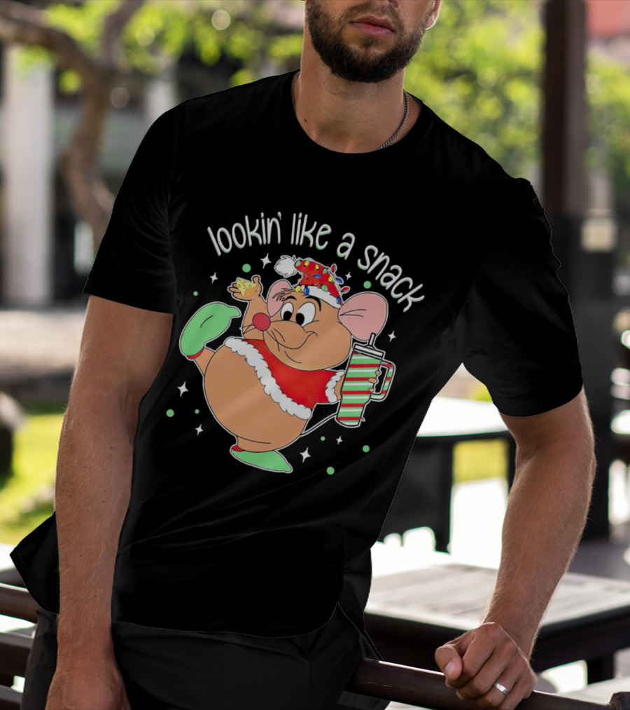 Lookin' Like A Snack Santa Mouse Holding Cheese And Peppermint Drink T-Shirt