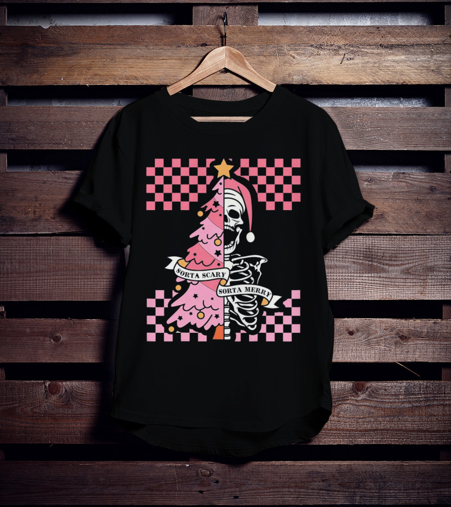 Skeleton Sorta Scary Sorta Merry Christmas Tree Split T-Shirt