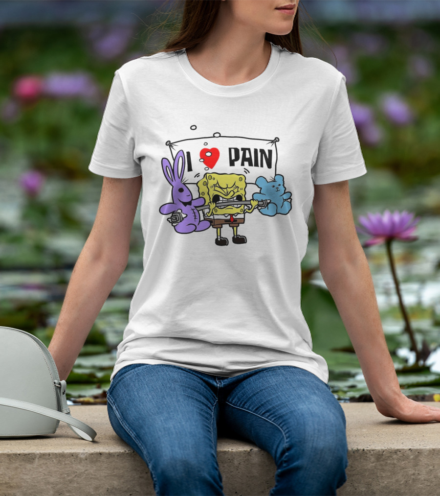 SpongeBob I Love Pain Weightlifting With Purple Bunny And Blue Bear T-Shirt
