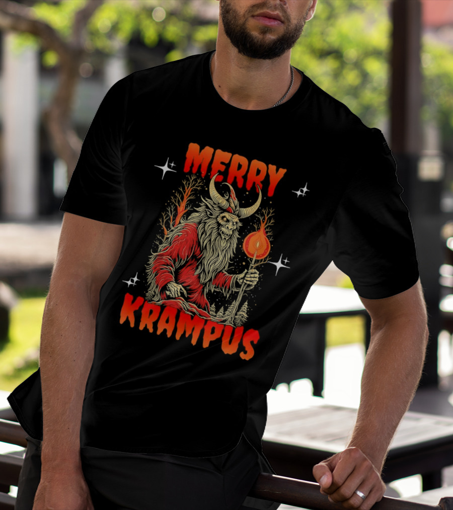 Merry Krampus Horror Christmas Demon With Fiery Torch In Forest Scene T-Shirt