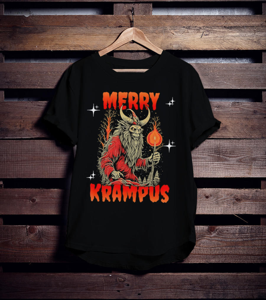 Merry Krampus Horror Christmas Demon With Fiery Torch In Forest Scene T-Shirt