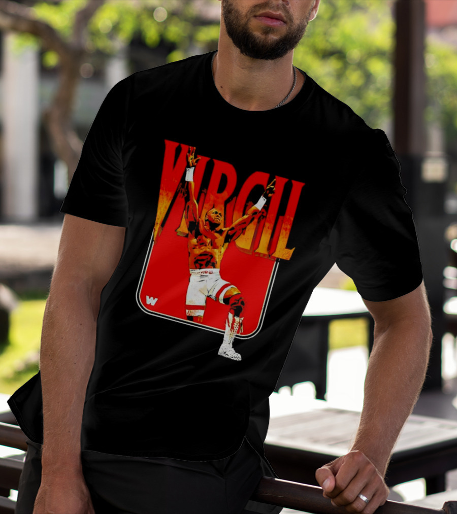 Virgil Wrestling Iconic Pose With Red Background And White Boots T-Shirt