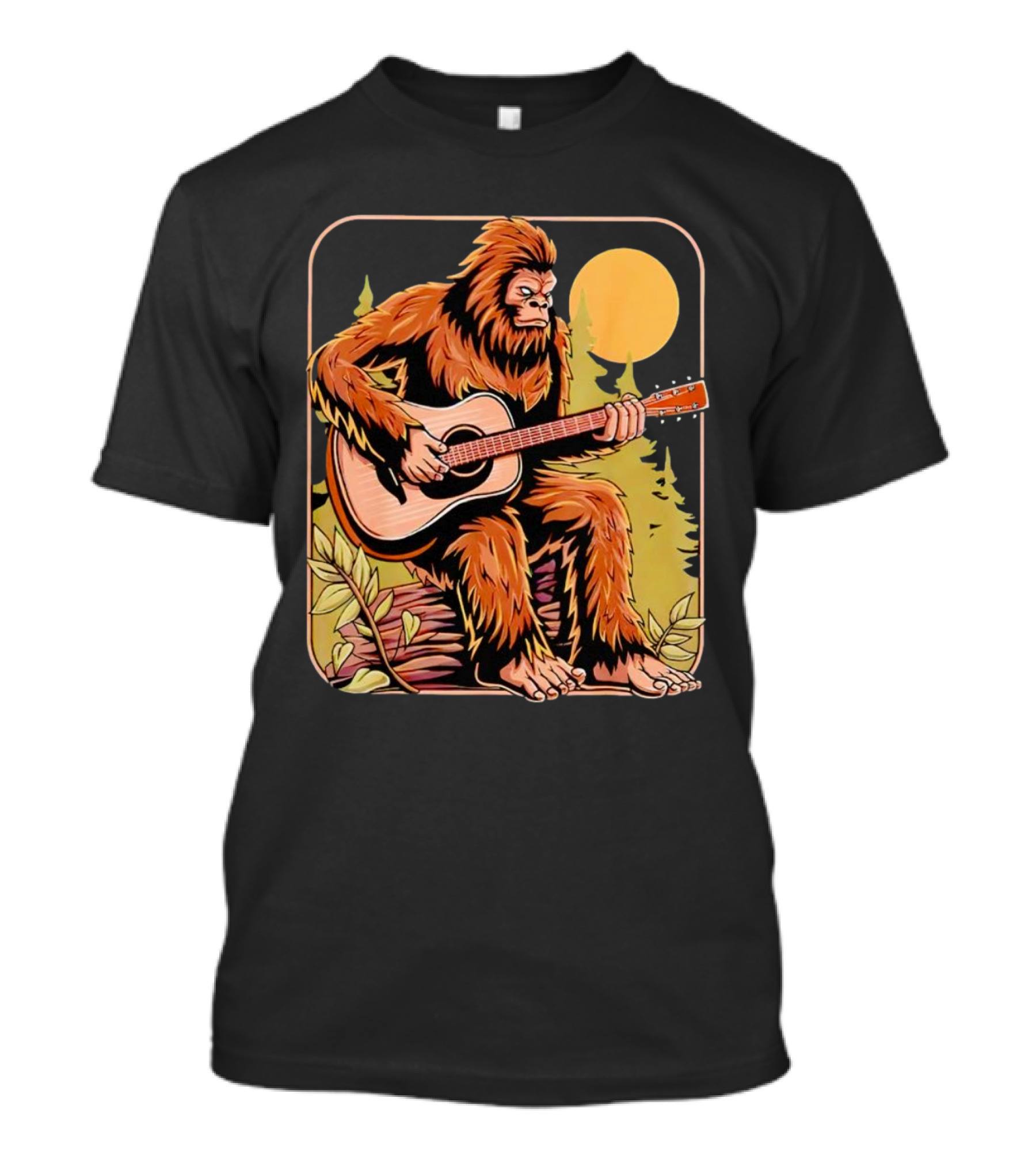 Bigfoot Playing Acoustic Guitar In Forest Scene T-Shirt