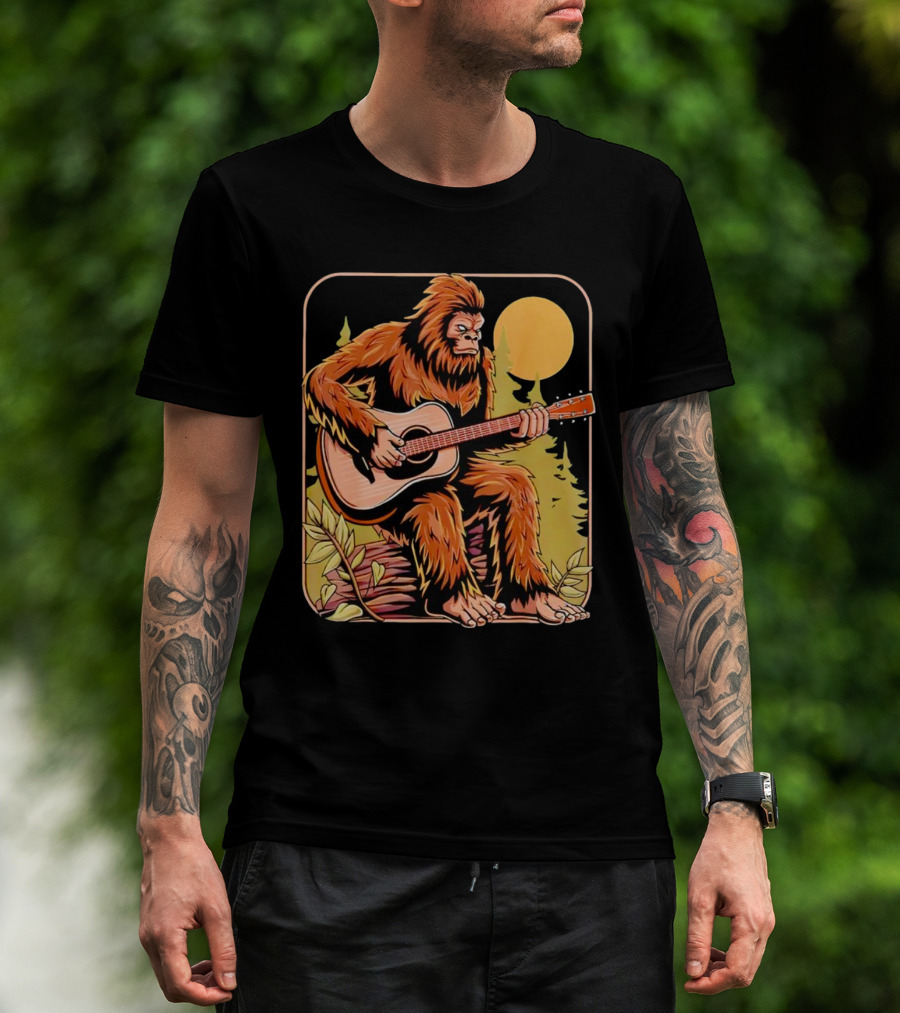 Bigfoot Playing Acoustic Guitar In Forest Scene T-Shirt