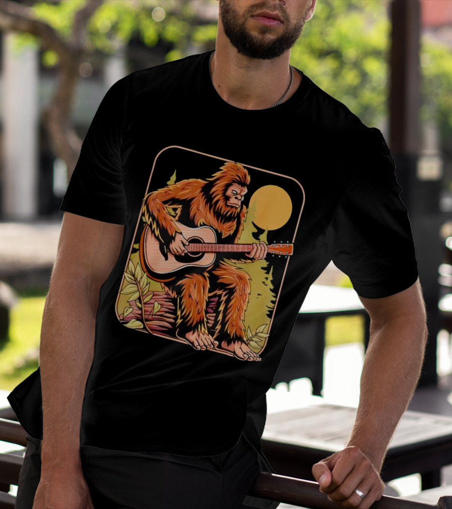 Bigfoot Playing Acoustic Guitar In Forest Scene T-Shirt