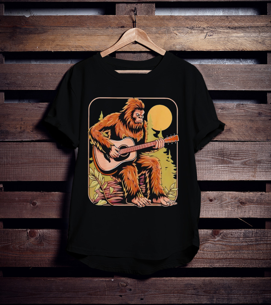 Bigfoot Playing Acoustic Guitar In Forest Scene T-Shirt