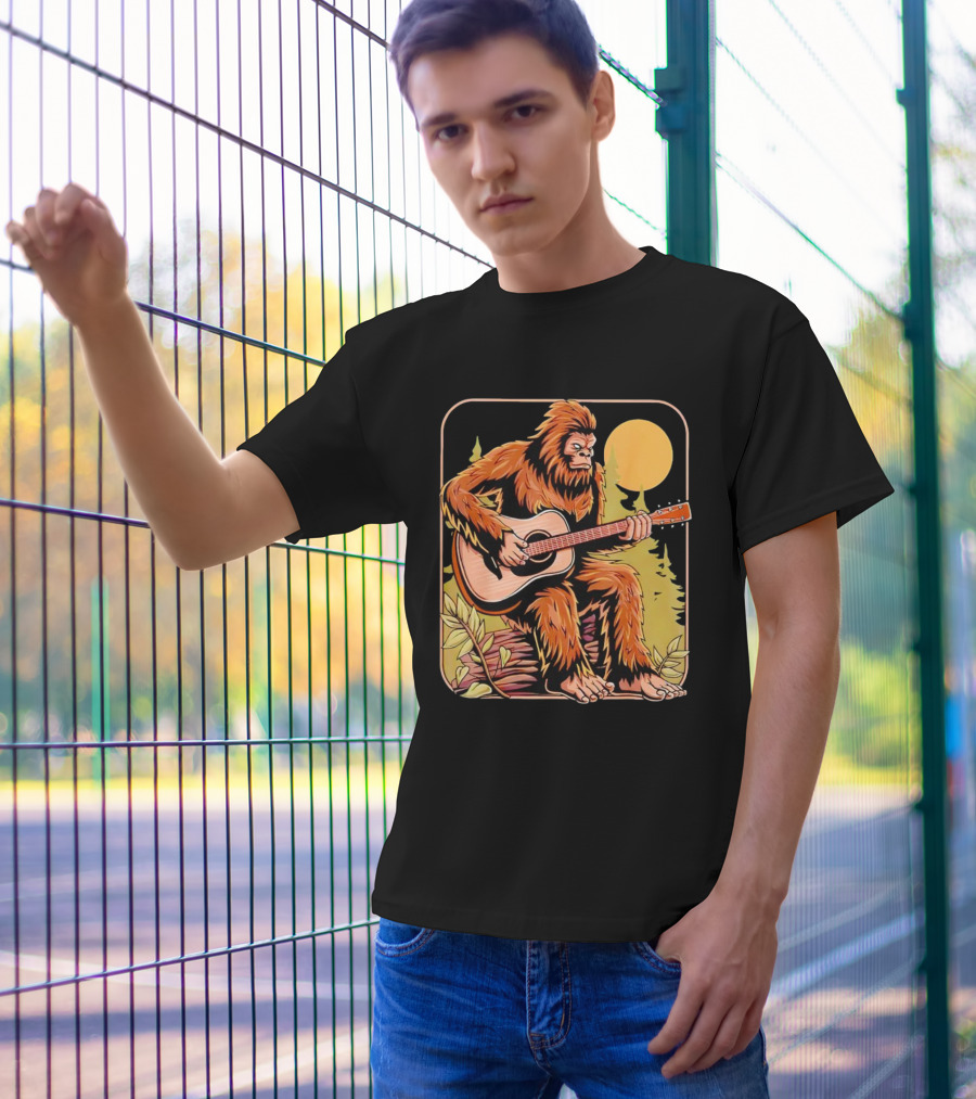 Bigfoot Playing Acoustic Guitar In Forest Scene T-Shirt