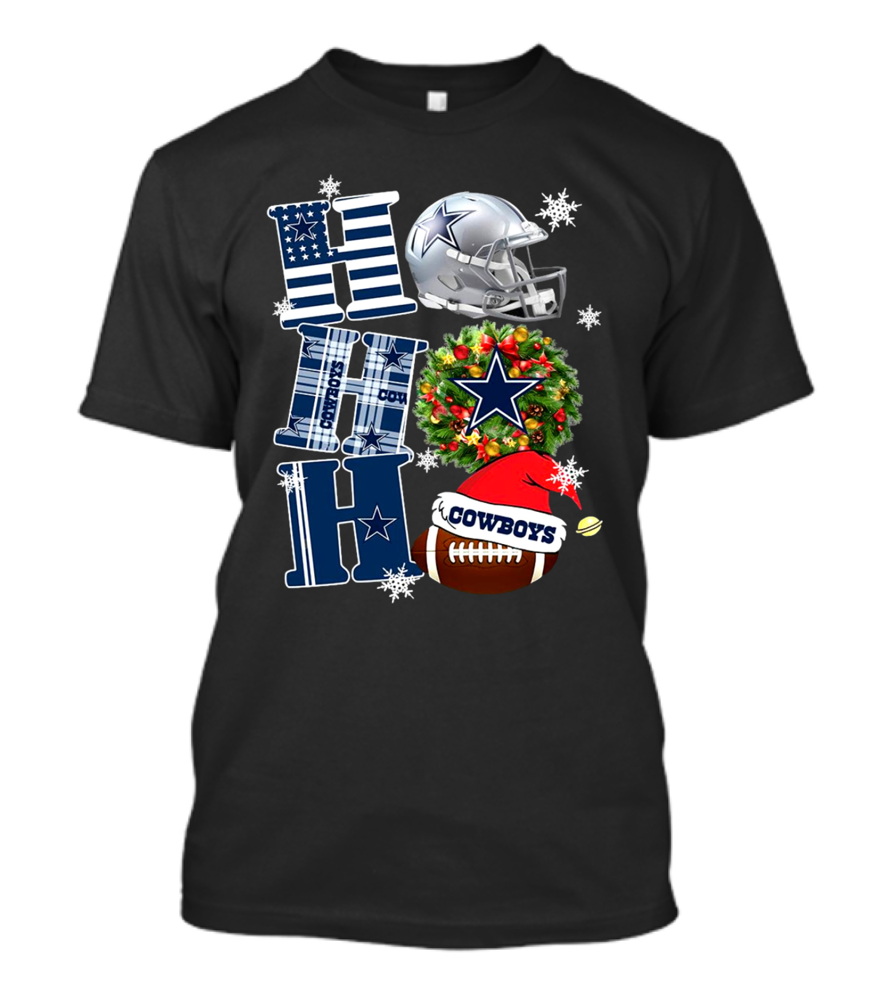 Dallas Cowboys NFL Ho Ho Ho Christmas Football Helmet Wreath Santa Hat T-Shirt