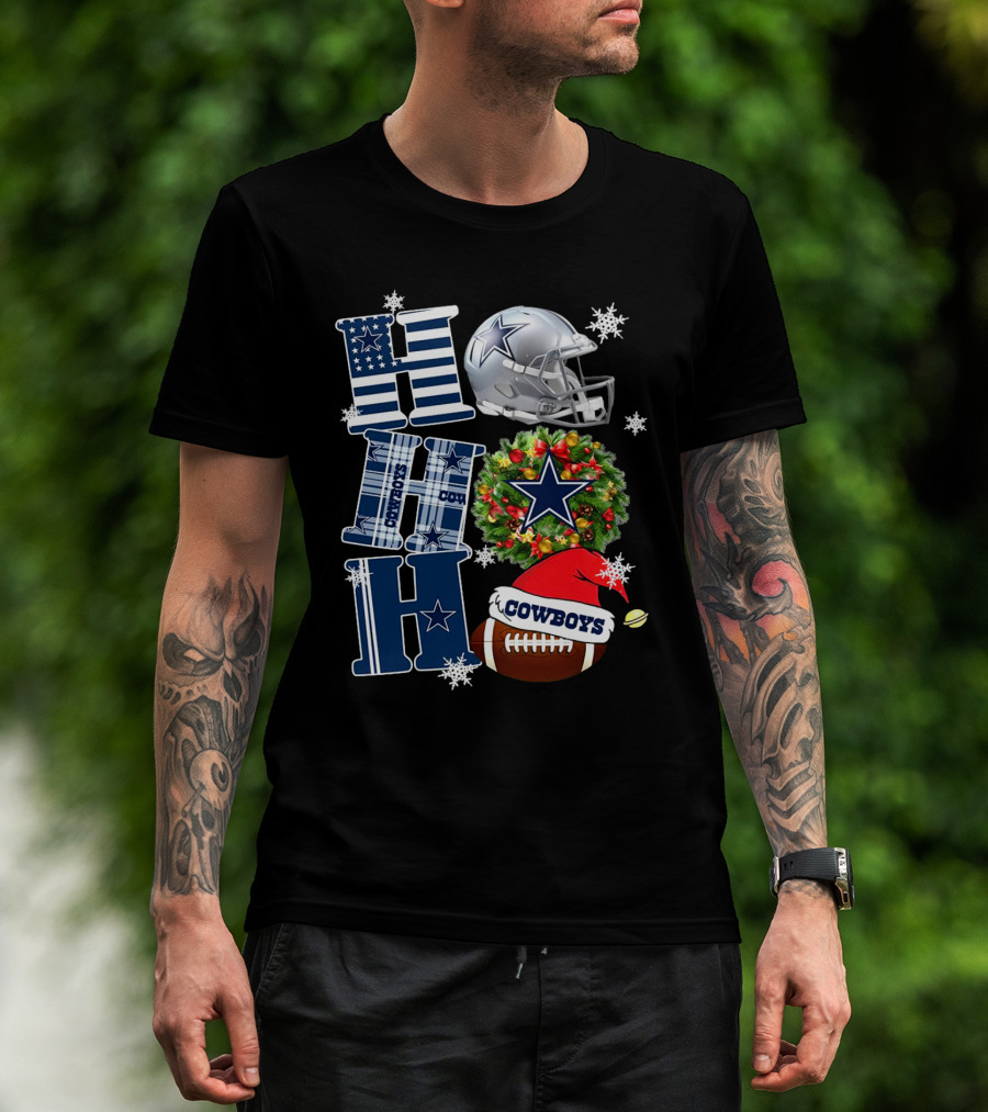 Dallas Cowboys NFL Ho Ho Ho Christmas Football Helmet Wreath Santa Hat T-Shirt
