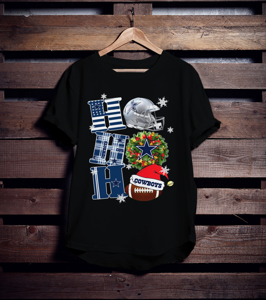 Dallas Cowboys NFL Ho Ho Ho Christmas Football Helmet Wreath Santa Hat T-Shirt