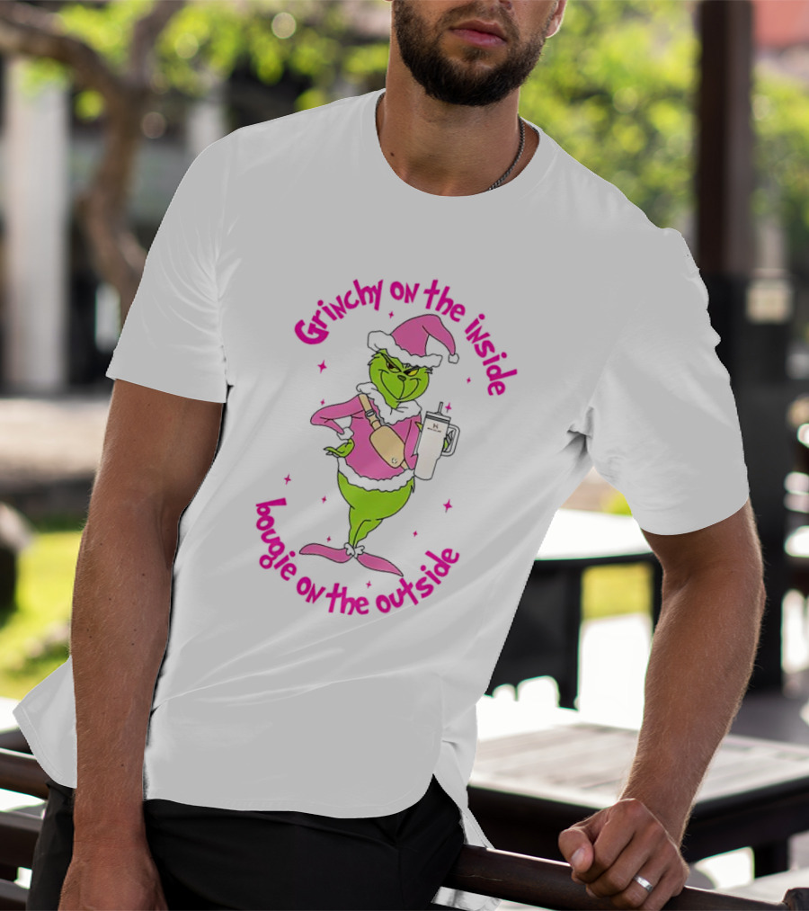 Grinchy On The Inside Bougie On The Outside Pink Hat Coffee Mug Christmas T-Shirt