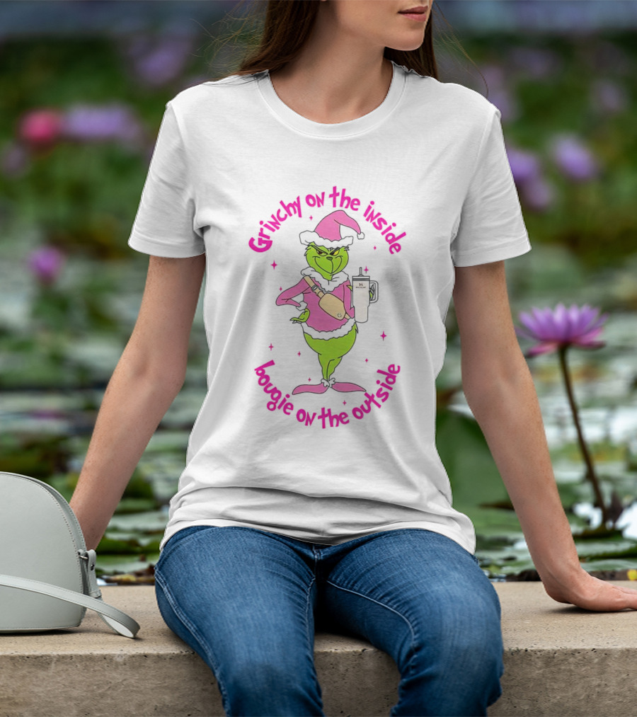 Grinchy On The Inside Bougie On The Outside Pink Hat Coffee Mug Christmas T-Shirt