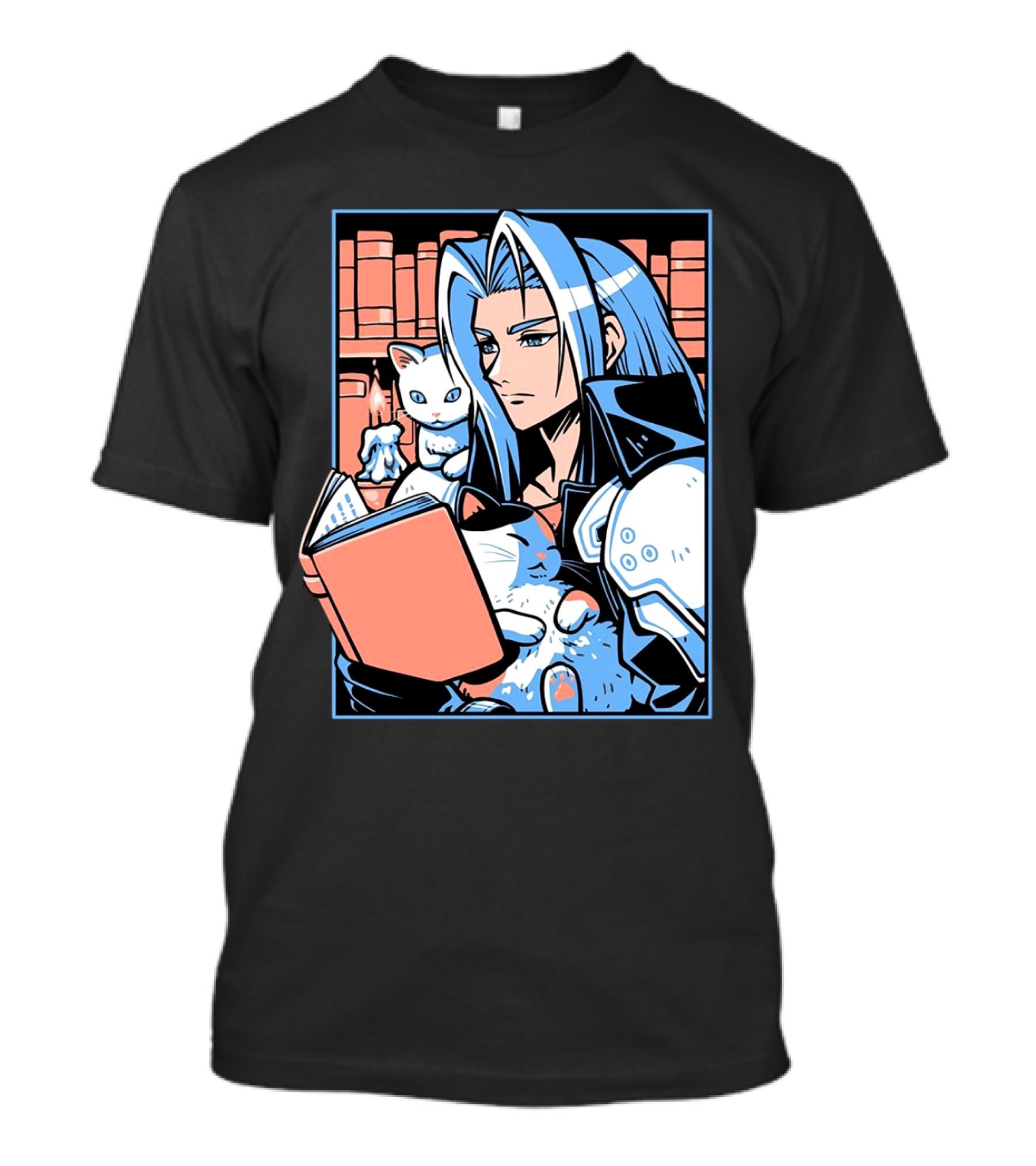 Sephiroth Reading In Basement Library With Cats And Books T-Shirt