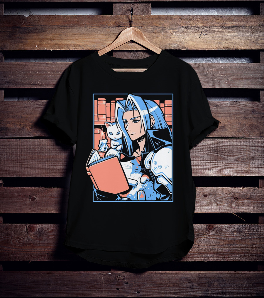 Sephiroth Reading In Basement Library With Cats And Books T-Shirt