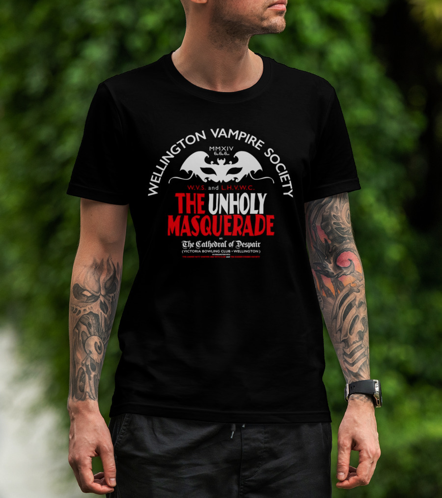 Wellington Vampire Society The Unholy Masquerade At The Cathedral Of Despair Victoria Bowling Club Wellington T-Shirt