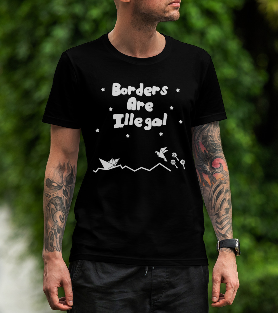 Borders Are Illegal Origami Boat And Bird With Flowers On Waves T-Shirt