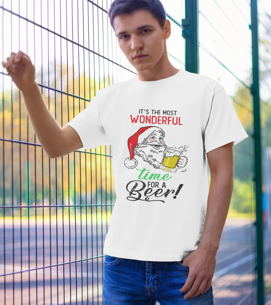 It's The Most Wonderful Time For A Beer Santa Drinking Xmas T-Shirt