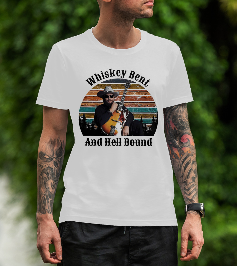Whiskey Bent And Hell Bound Cowboy With Guitar Retro Sunset T-Shirt