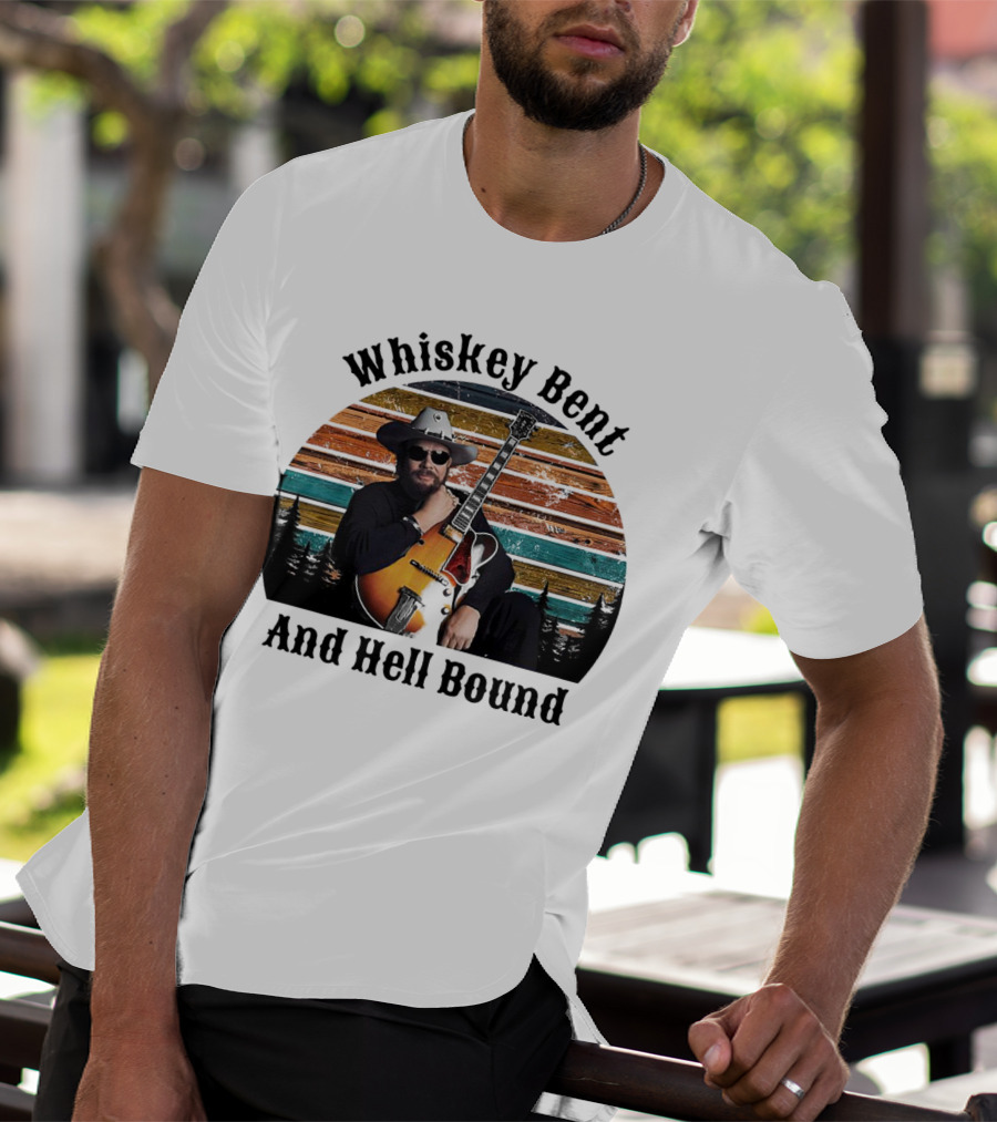 Whiskey Bent And Hell Bound Cowboy With Guitar Retro Sunset T-Shirt