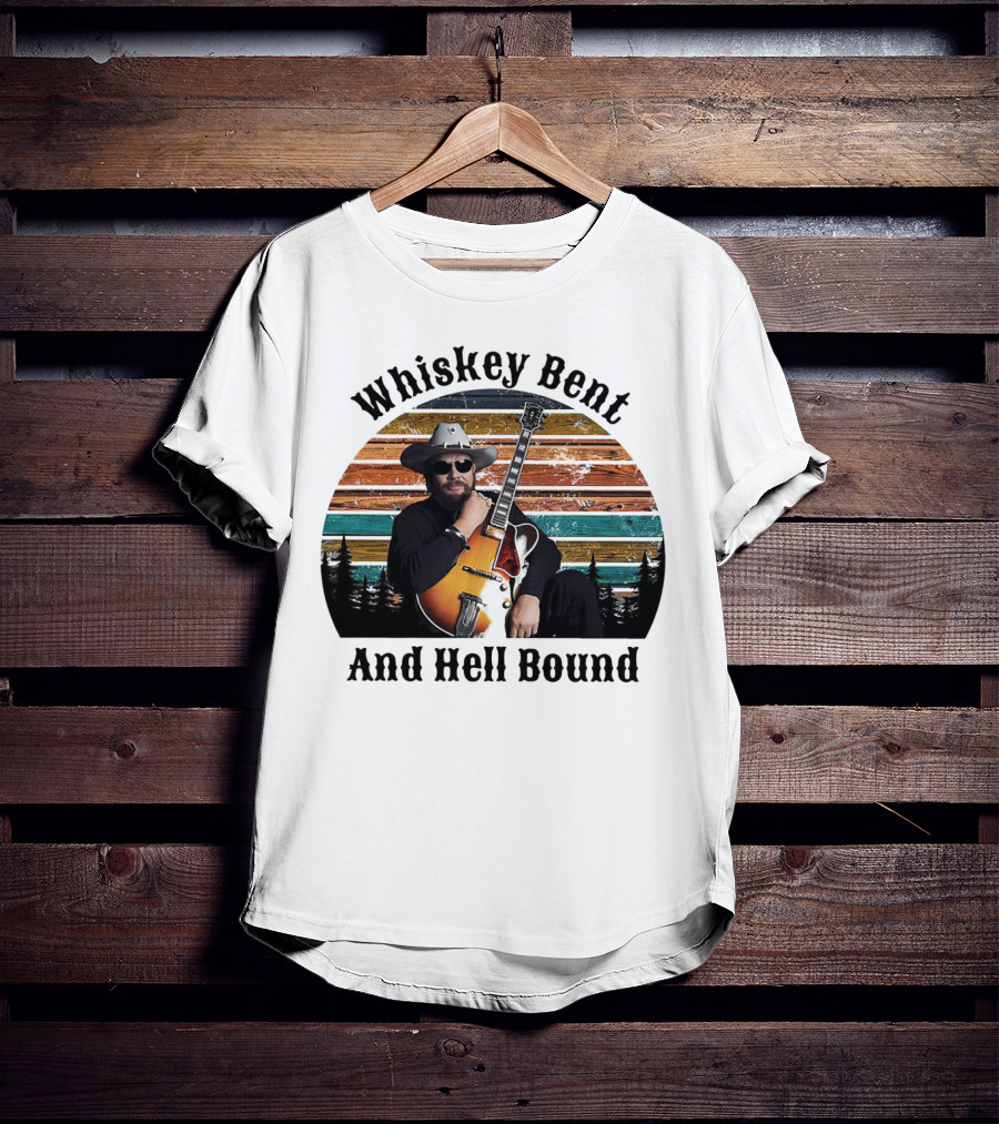 Whiskey Bent And Hell Bound Cowboy With Guitar Retro Sunset T-Shirt