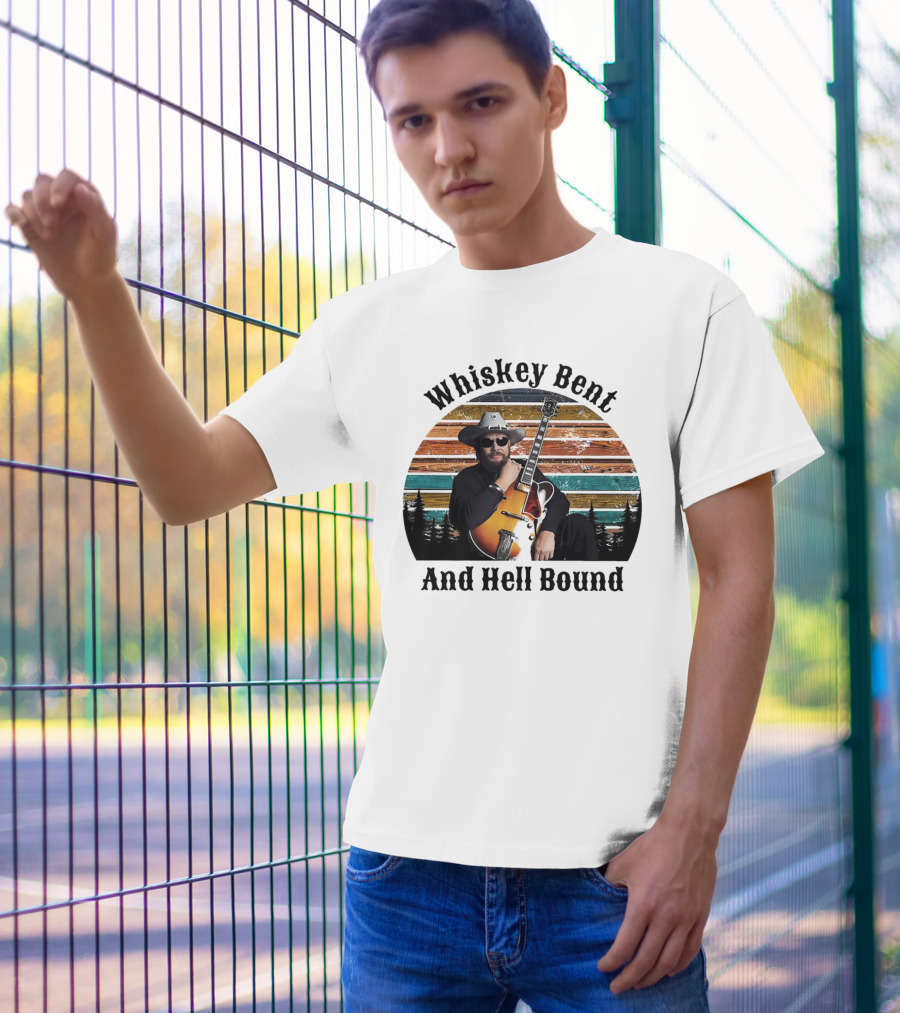 Whiskey Bent And Hell Bound Cowboy With Guitar Retro Sunset T-Shirt