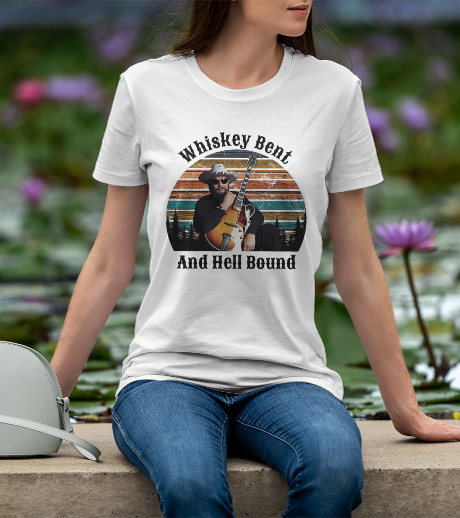 Whiskey Bent And Hell Bound Cowboy With Guitar Retro Sunset T-Shirt