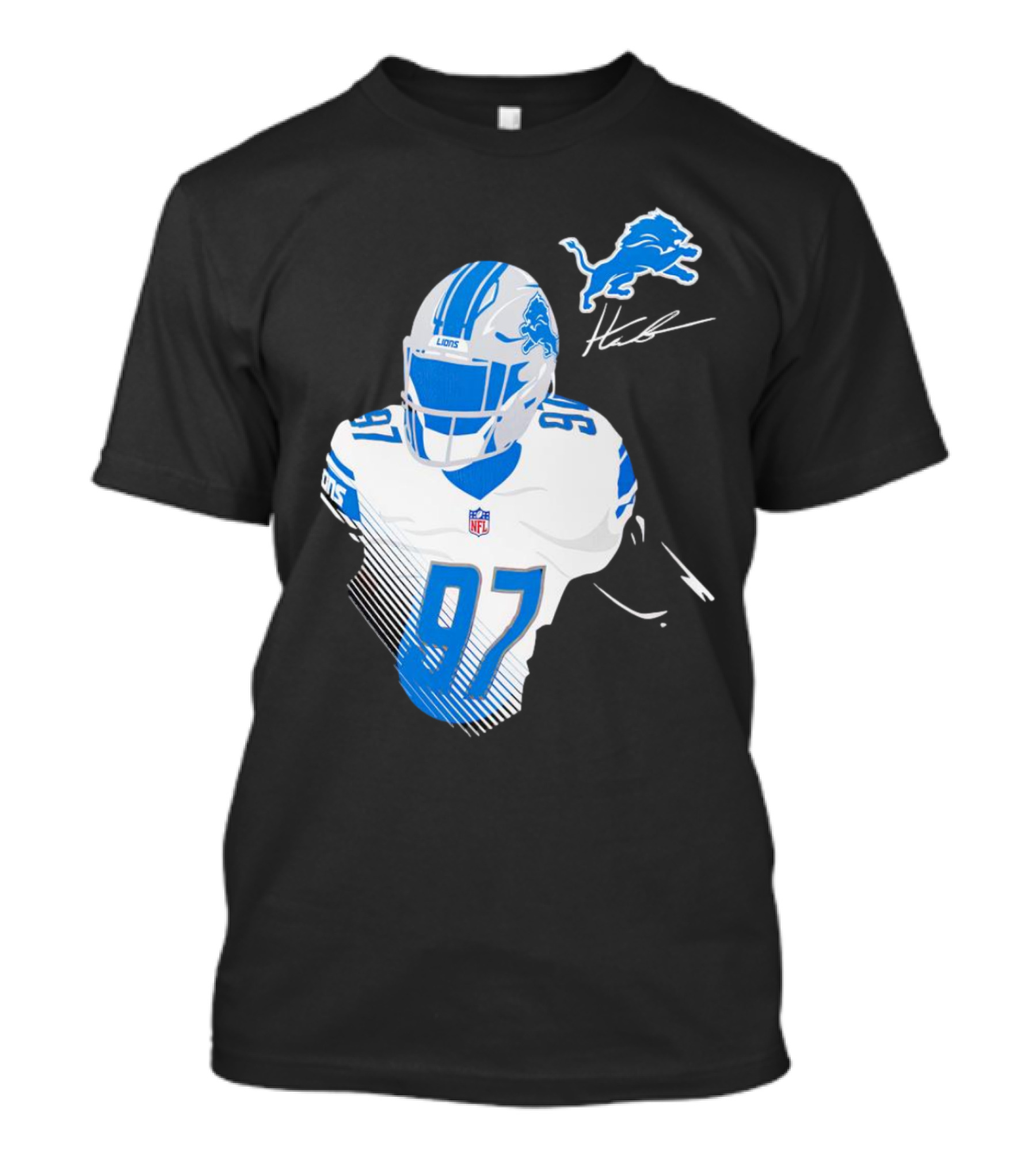 Aidan Hutchinson Detroit Lions Player Signature 97 NFL Logo Lions Helmet T-Shirt